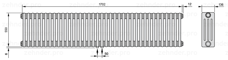 Схема (чертеж) Радиатор Zehnder Charleston 4055/37 №3470 Белый глянцевый RAL 9016